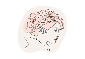 Girl portrait with flower hairstyle. One line drawing colored with pastel colors. Vector illustration.
