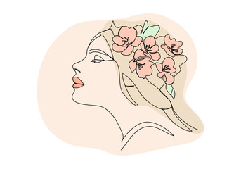 Girl portrait with flower hairstyle. One line drawing colored with pastel colors. Vector illustration.