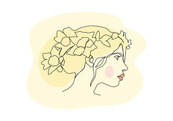 Girl portrait with flower hairstyle. One line drawing colored with pastel colors. Vector illustration.