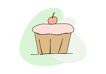 Cupcake decorated with cherry one line drawing colored with pastel colors. Vector illustration.