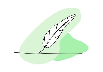 Bird feather one line drawing colored with pastel colors. Vector illustration.