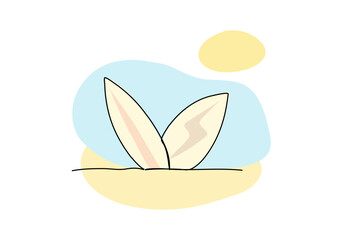 Two surfboards on the beach one line drawing colored with pastel colors. Vector illustration.