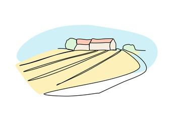 Farm and fields one line drawing colored with pastel colors. Vector illustration.
