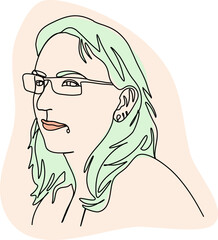 Portrait of young woman. One line drawing colored with pastel colors. Vector illustration.