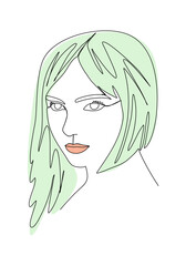 Portrait of young woman. One line drawing colored with pastel colors. Vector illustration.