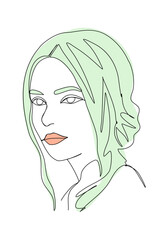 Portrait of young woman. One line drawing colored with pastel colors. Vector illustration.