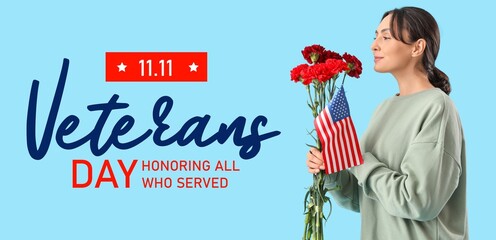Banner for Veterans Day with American woman holding carnation flowers