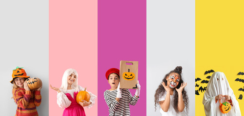 Set of many little children dressed for Halloween on color background