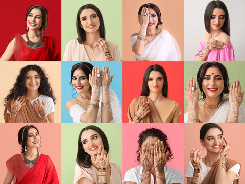 Collage of beautiful Indian women on color background