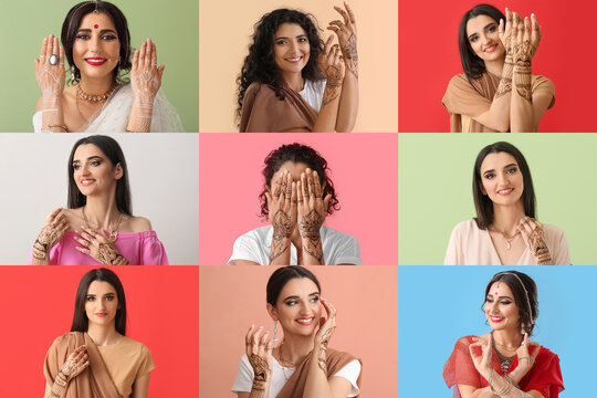 Collage with beautiful Indian women on color background