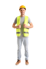 Male worker in vest and hardhat on white background