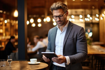 A man in a suit is looking at a tablet. Suitable for business and technology concepts.
