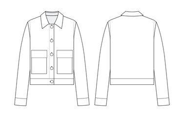 Fashion technical drawing of women's jacket with patch pockets and collar.
