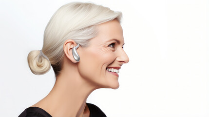 Generative AI, woman, deaf person with electronic hearing aid in ear, deafness, poor hearing, earphone, microphone, technology, medical device, headphones, sound amplification, voice