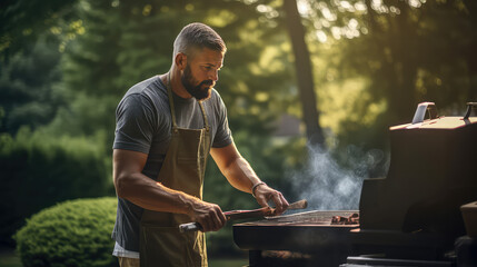  A young man grilling outdoors. Comfortable grill for grilling meat and picnic.  - obrazy, fototapety, plakaty