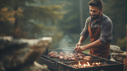 A young man grilling outdoors. Comfortable grill for grilling meat and picnic.  - obrazy, fototapety, plakaty