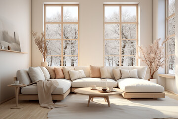 Fototapeta premium Modern house interior with Scandinavian minimalist design in winter