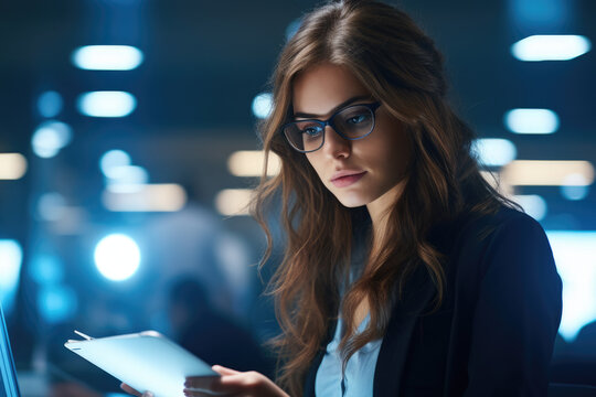 A woman wearing glasses is seen looking at a tablet computer. This versatile image can be used to illustrate technology, digital devices, online browsing, or working remotely.