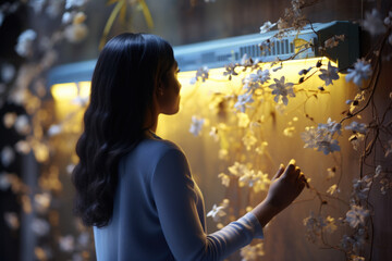 A woman standing in front of a wall adorned with colorful flowers. This picture can be used to add a touch of nature and beauty to any design.