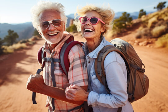A picture of a man and a woman wearing sunglasses and backpacks. This versatile image can be used to depict a couple on a vacation, exploring a new city, or hiking in the great outdoors.