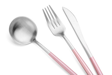 Stainless steel cutlery with pink handles on white background