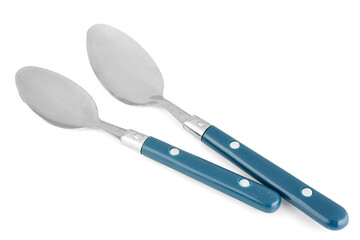Stainless steel spoons with blue handles on white background
