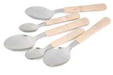 Stainless steel spoons with plastic handles on white background