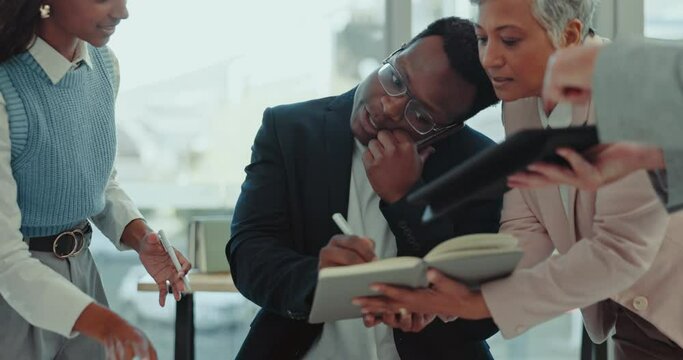 Stress, anxiety and business man in office with multitasking, chaos with team panic for tax, audit or compliance. Burnout, pressure and African guy manager with workflow crisis, mistake or deadline