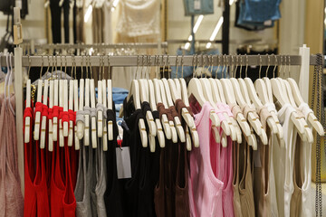 Women's T-shirts or dresses hang on hangers in a clothing store.