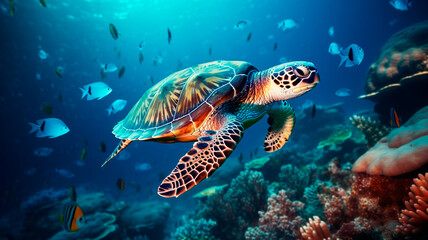 Naklejka na ściany i meble turtle in the sea. underwater view.