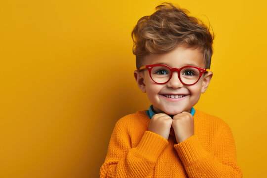 A young boy wearing glasses and a bright yellow sweater. This image can be used to portray intelligence, cuteness, or back-to-school themes.
