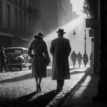 Vintage Couple Walking, Night City Street, 1920s Elegant Woman and Man in Old Historical Town