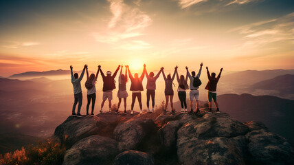 group of people jumping on the mountain peak, sunrise and mountain view, summer and sunset - obrazy, fototapety, plakaty