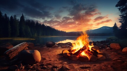Campfire with wood fire flames beside a lake mountain. AI generated image - obrazy, fototapety, plakaty