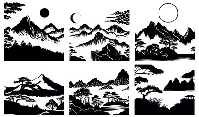 Mountain landscape, Asian style, black silhouette on a transparent background, vector set of drawings for engraving, laser cutting.