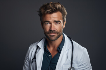 A picture of a man wearing a lab coat and holding a stethoscope. This image can be used to represent a healthcare professional, a doctor, or medical research. - Powered by Adobe