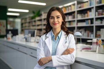 A woman wearing a lab coat stands confidently in front of a counter. This image can be used to represent a scientist, researcher, or professional working in a laboratory or scientific environment.