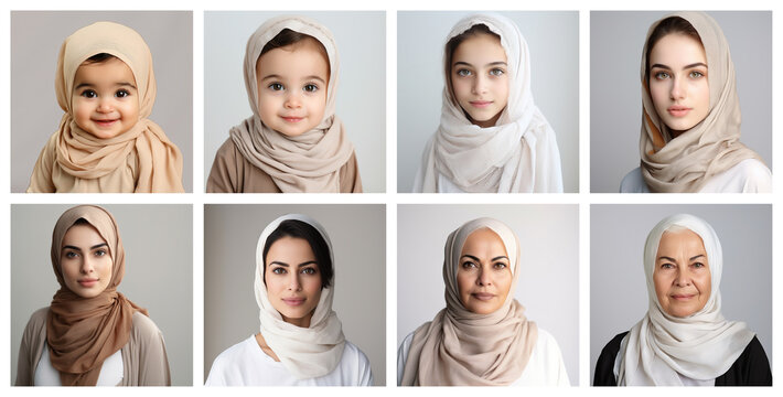 collage of middle east racial female portraits of different ages, made with generative AI