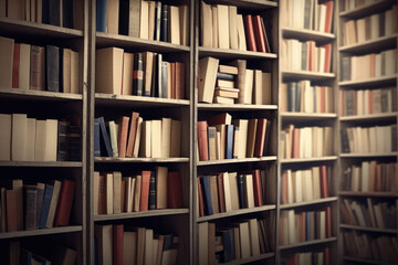 Book shelf filled with numerous books. This image can be used to represent knowledge, education, or the love for reading. Ideal for bookstores, libraries, or educational websites.