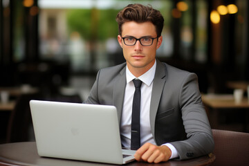 Fototapeta premium A professional man in a suit sitting at a table, focused on his laptop. Suitable for business and technology-related themes.