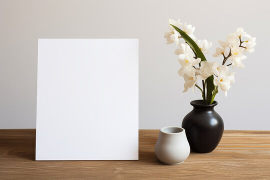 A vase of white flowers next to a blank card. This versatile image can be used for various occasions and purposes.