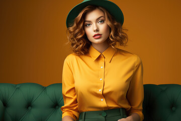 A woman wearing a yellow shirt and green hat. This picture can be used for fashion, outdoor activities, or casual lifestyle themes.