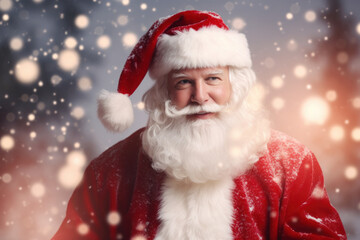 Cheerful Portrait of Santa Claus Donned in His Iconic Red and White Attire, Radiating the Joyful Spirit of Christmas and the Magic of Gift Giving..