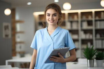 A professional woman wearing a blue scrub suit holding a tablet. Perfect for medical and healthcare concepts.