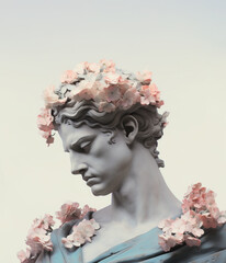Antique male sculpture and flowers.