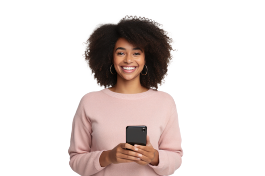 Radiant Portrait of a Joyful Young Black Woman, Grasping a Phone with a Gleeful Expression, Exquisitely Isolated Against a Pristine White Background.