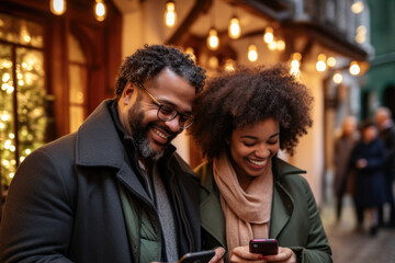 A man and a woman are seen looking at a cell phone. This image can be used to depict modern technology usage, communication, or couple bonding over digital devices. - Powered by Adobe