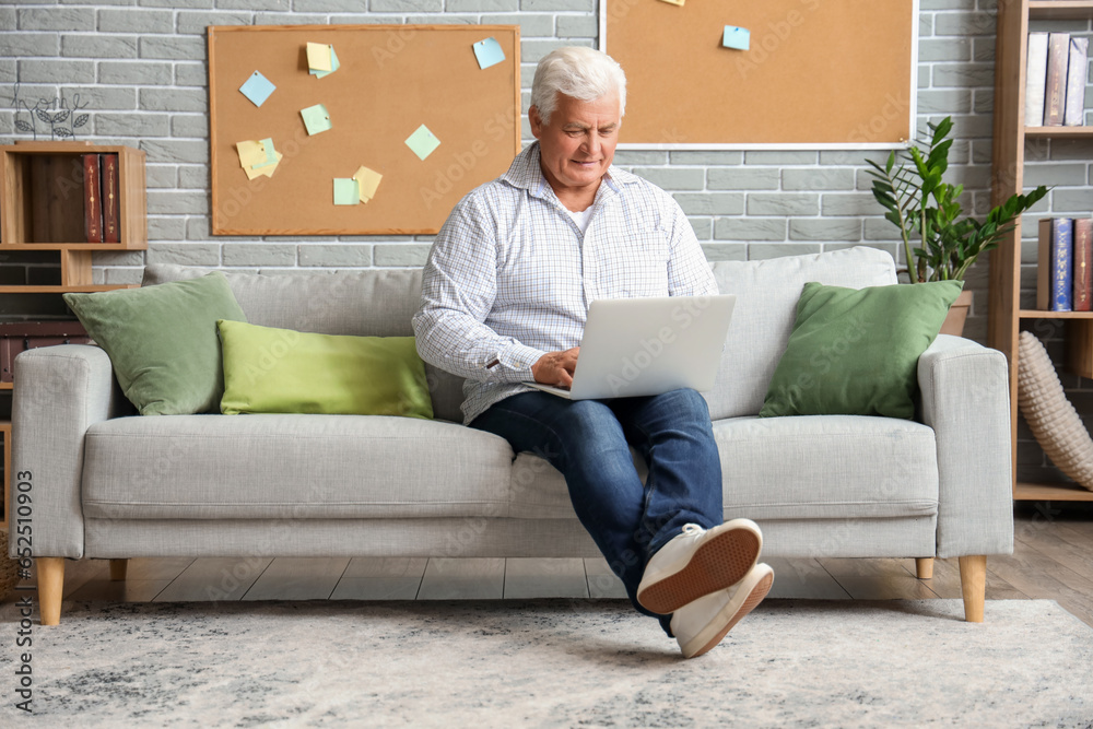 Poster Senior man using laptop on sofa at home