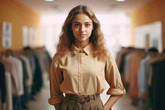 A woman standing in front of a rack of clothes. This versatile image can be used to showcase fashion, shopping, retail, or personal style.