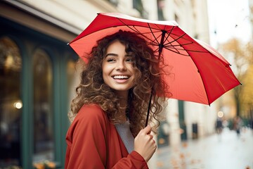 Girl Holding Umbrella, Pretty Woman Outside, Cheerful Sincere Smile, Autumn Walk, Blurred Background